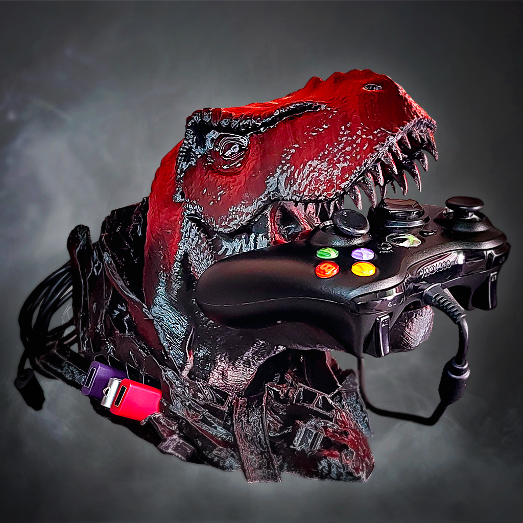 T-Rex Gamer 6-in-1 Stand – Dinosaur Head for Headphones, Controllers, Keys, and More (STL)